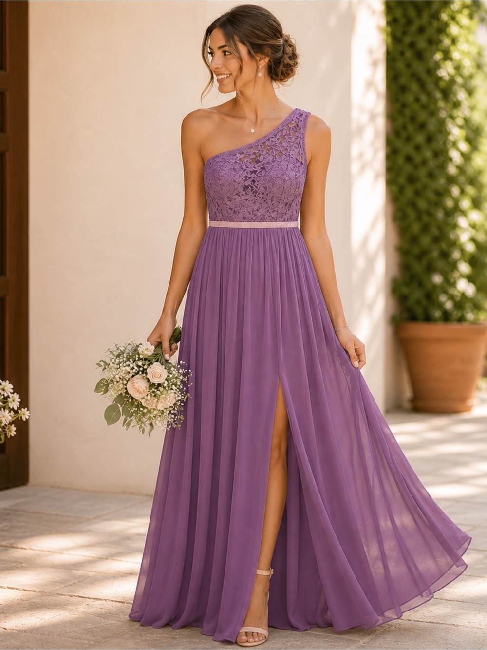 NWT Lavender One Shoulder Lace Chiffon Maxi Dress Bridesmaid Formal 10